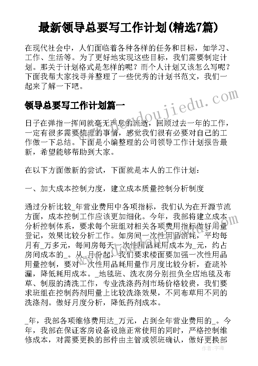 最新领导总要写工作计划(精选7篇)