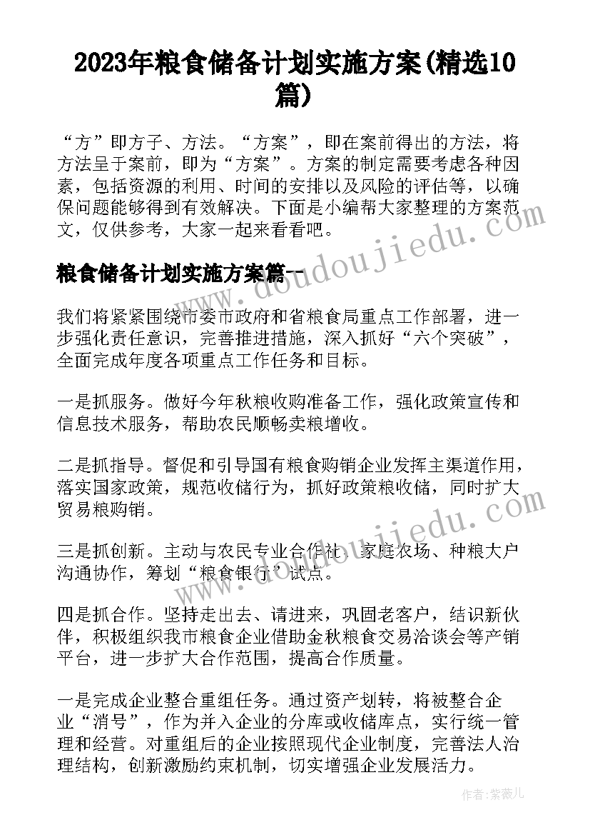 2023年粮食储备计划实施方案(精选10篇)