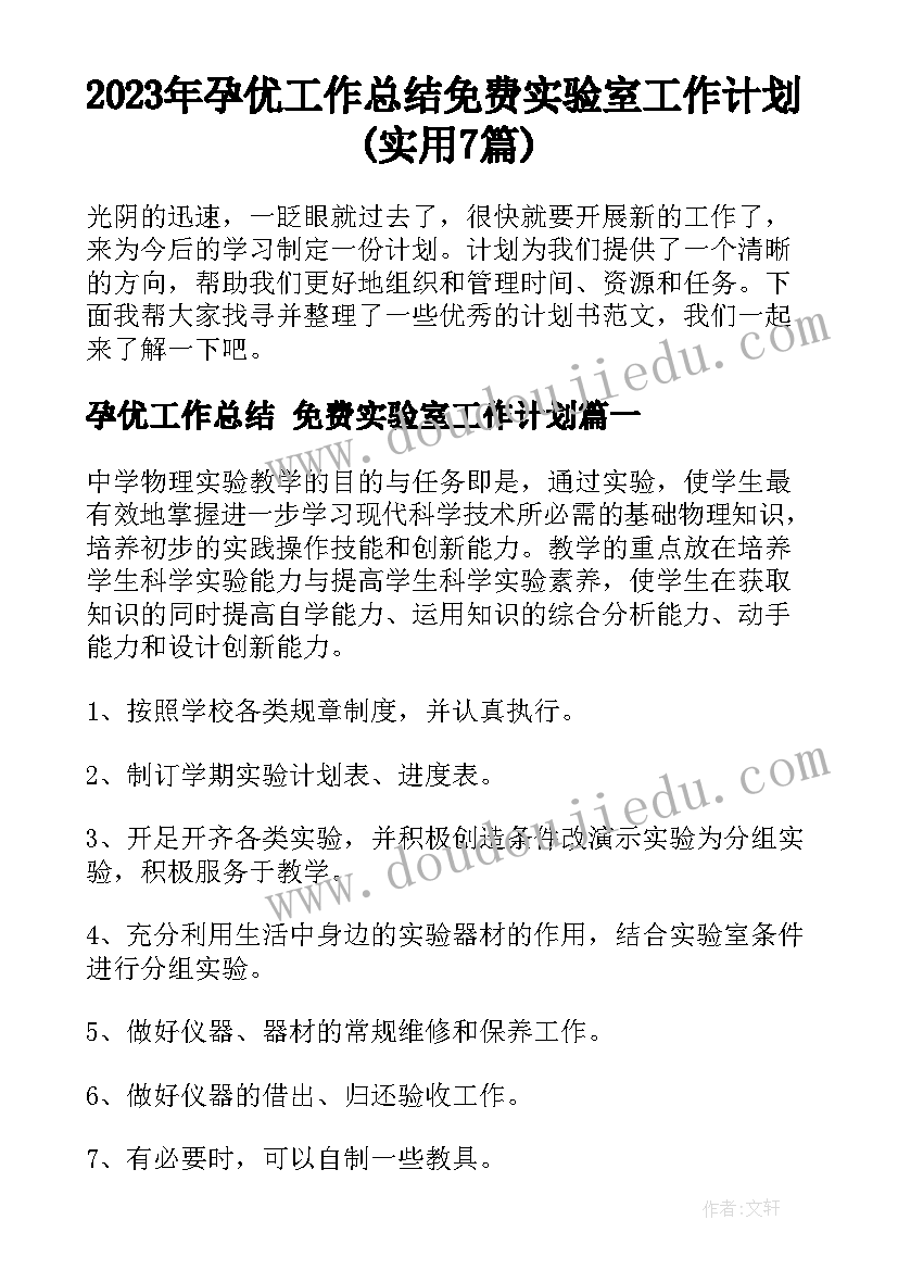 2023年孕优工作总结 免费实验室工作计划(实用7篇)