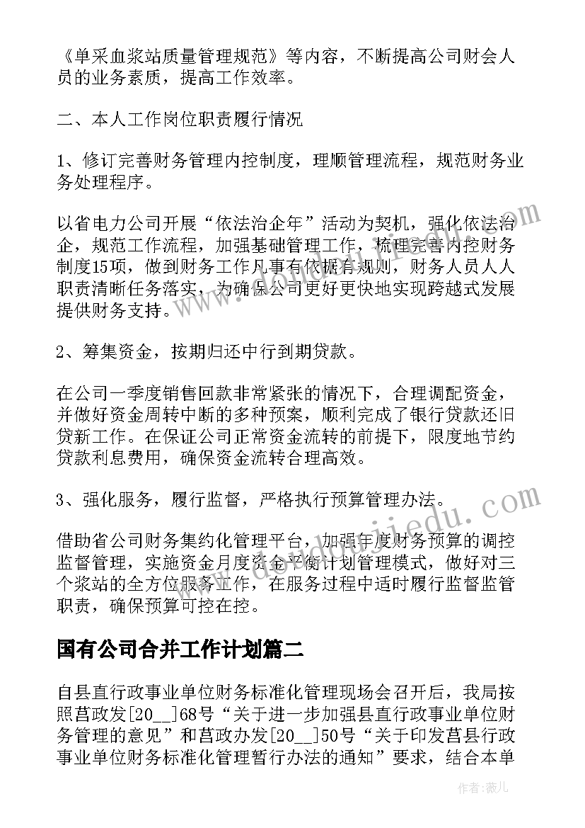 国有公司合并工作计划(优质5篇)