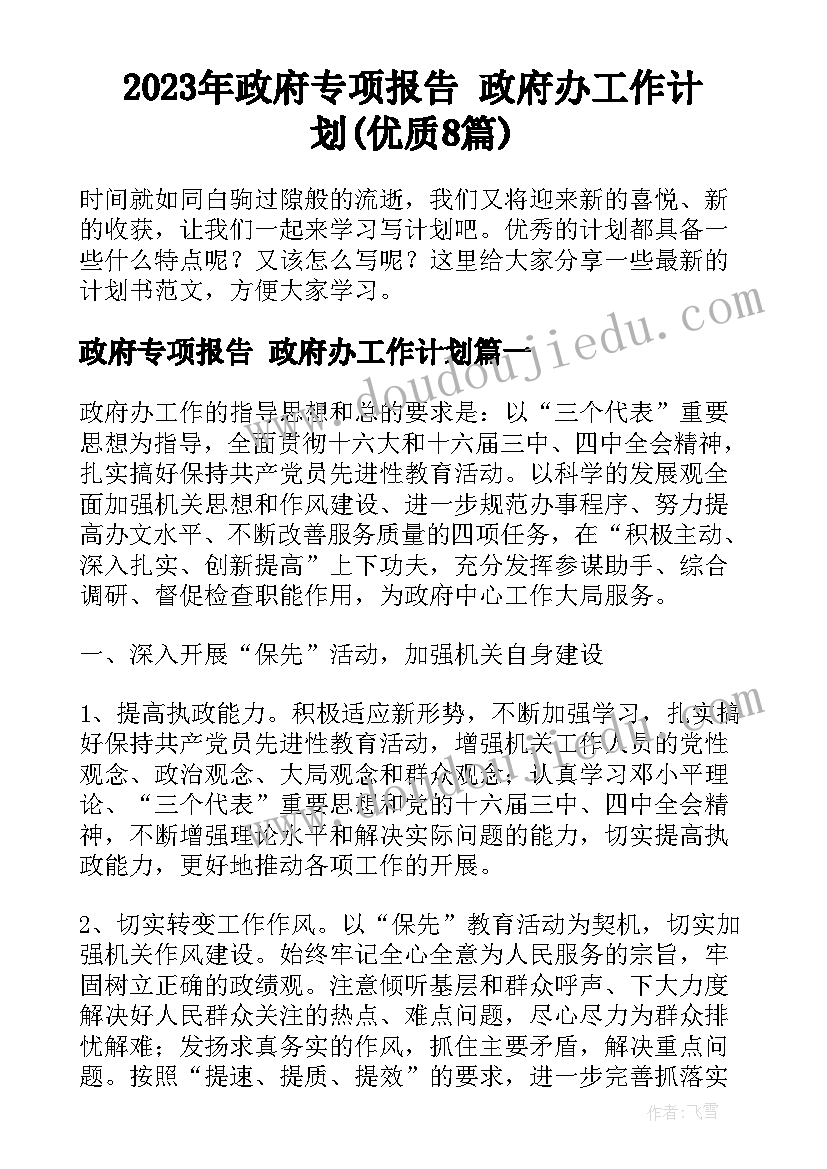 2023年政府专项报告 政府办工作计划(优质8篇)