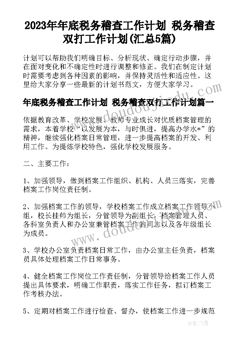 2023年年底税务稽查工作计划 税务稽查双打工作计划(汇总5篇)