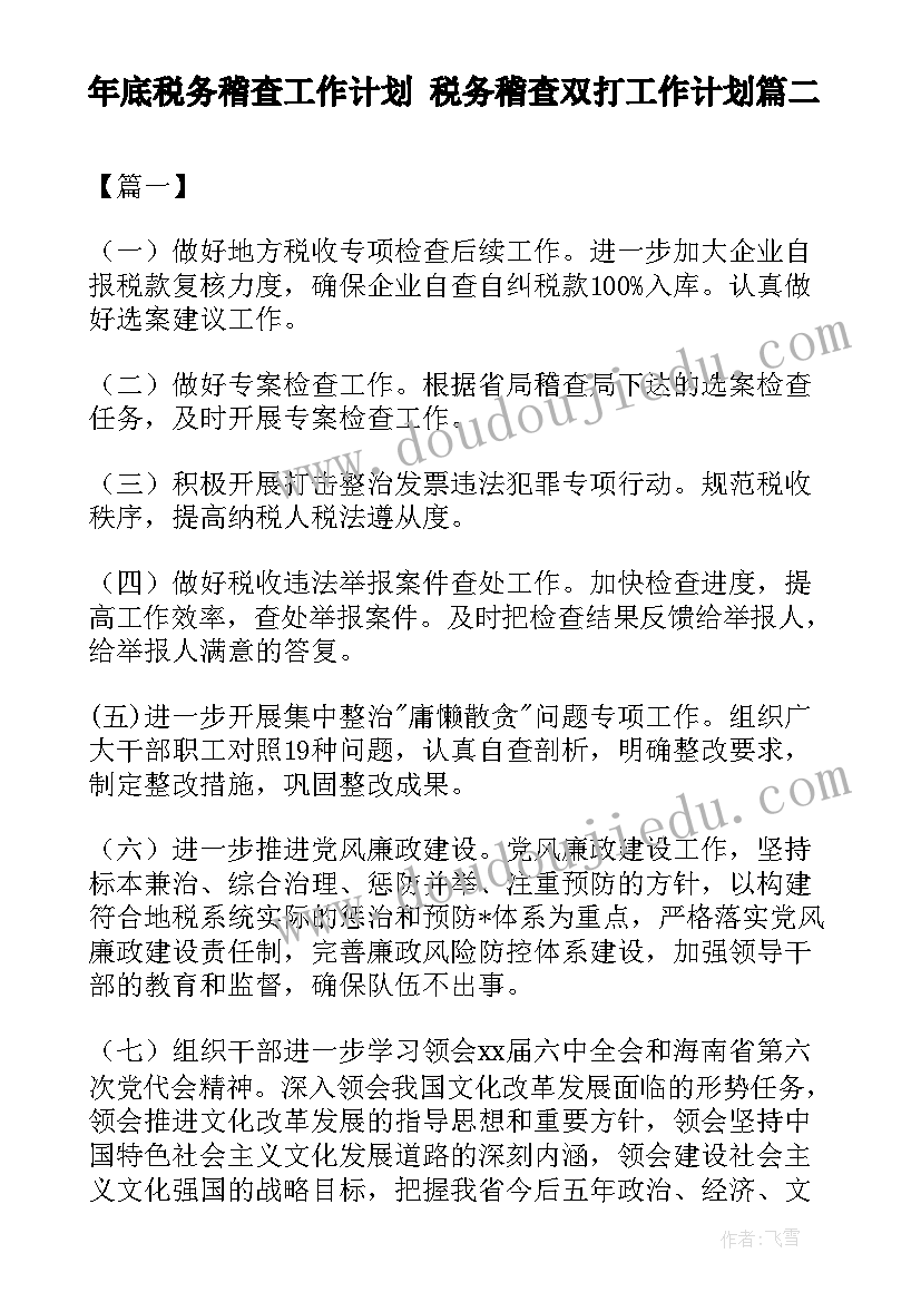 2023年年底税务稽查工作计划 税务稽查双打工作计划(汇总5篇)