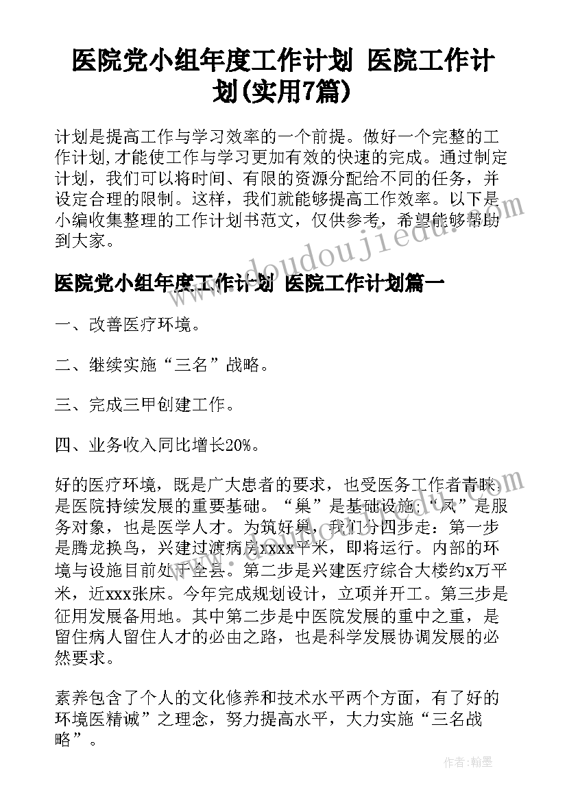 医院党小组年度工作计划 医院工作计划(实用7篇)