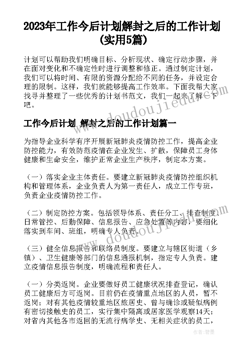 2023年工作今后计划 解封之后的工作计划(实用5篇)