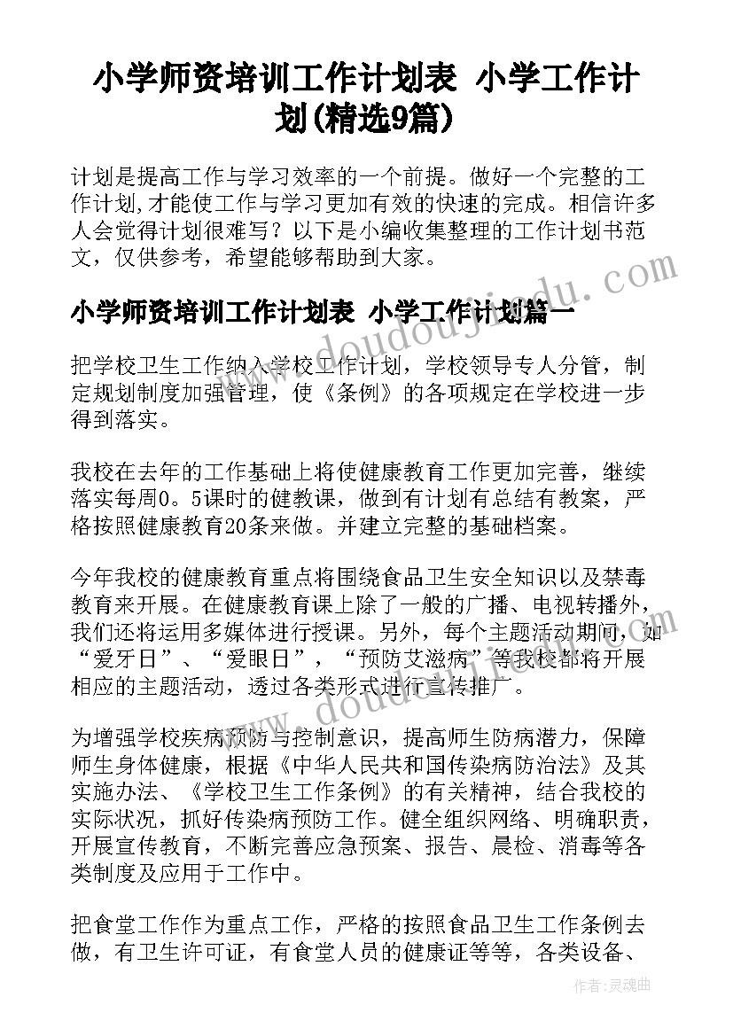 小学师资培训工作计划表 小学工作计划(精选9篇)