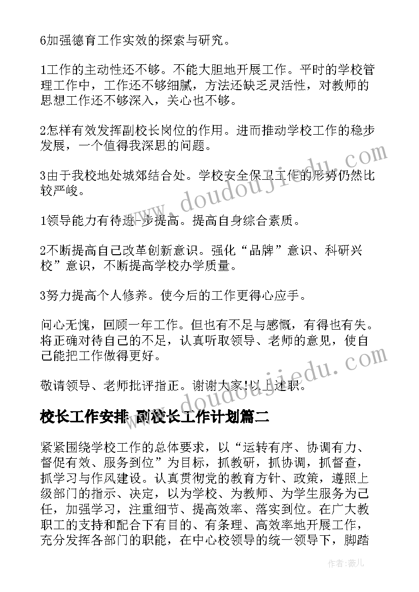 校长工作安排 副校长工作计划(大全6篇)