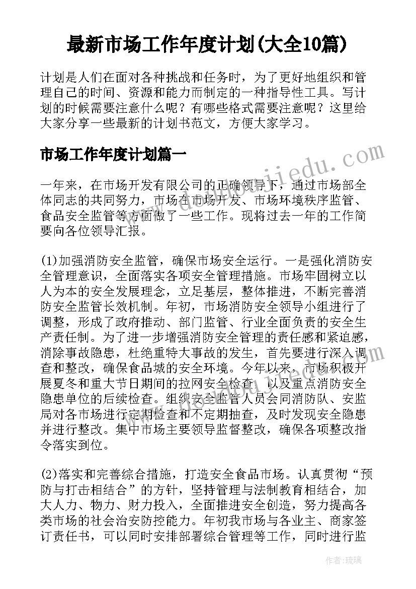 最新市场工作年度计划(大全10篇)