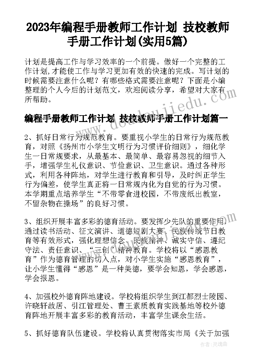 2023年编程手册教师工作计划 技校教师手册工作计划(实用5篇)