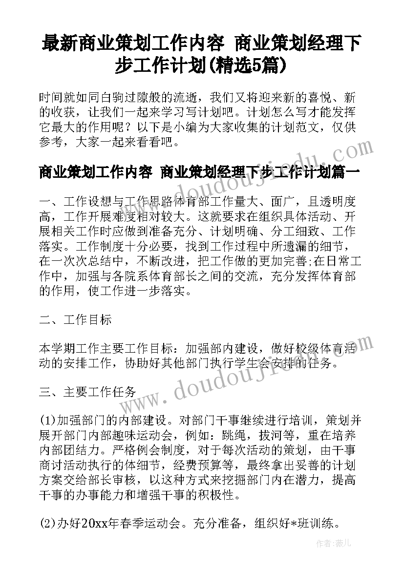 最新商业策划工作内容 商业策划经理下步工作计划(精选5篇)