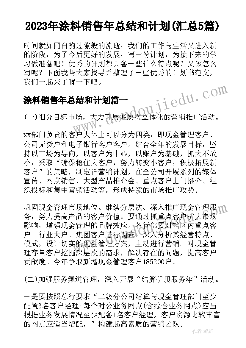 2023年涂料销售年总结和计划(汇总5篇)