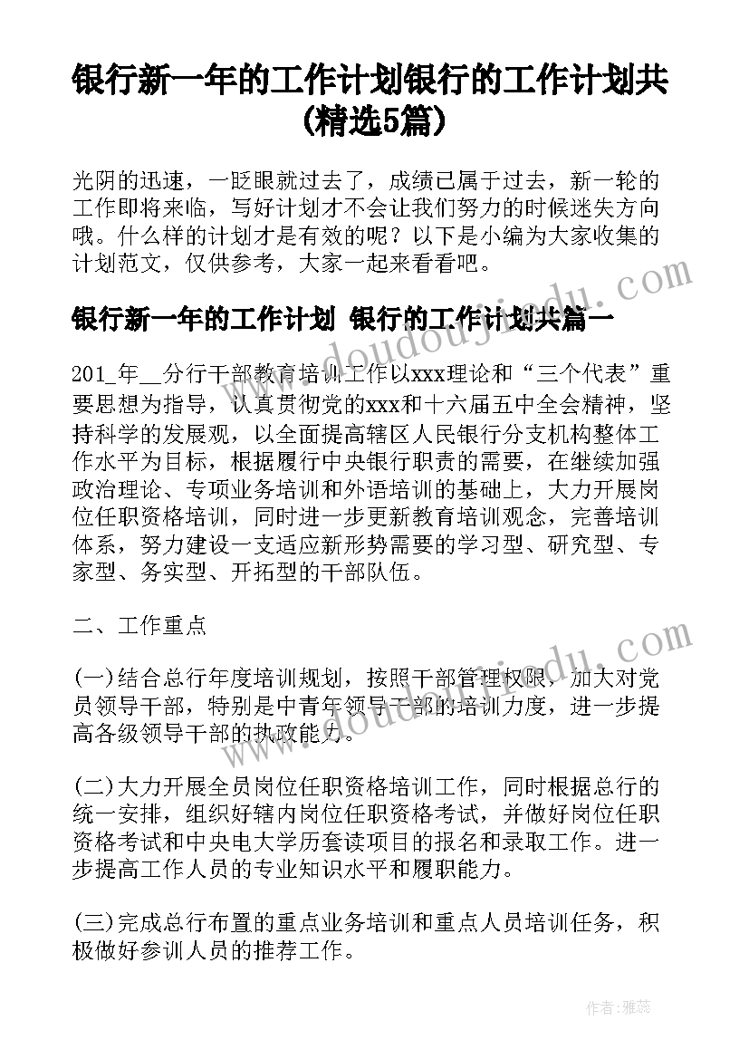 银行新一年的工作计划 银行的工作计划共(精选5篇)