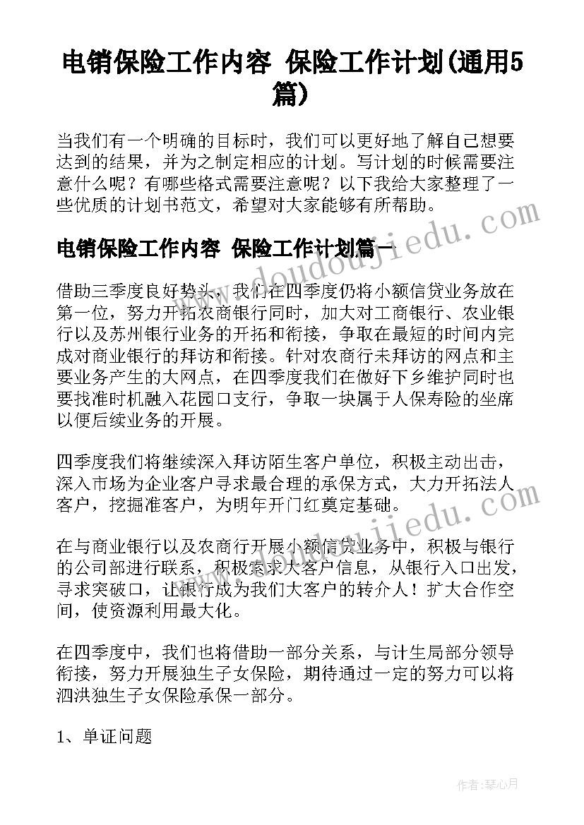 电销保险工作内容 保险工作计划(通用5篇)