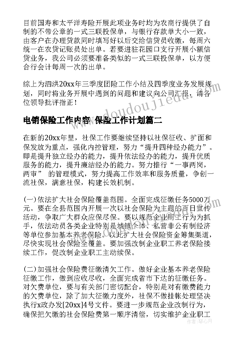 电销保险工作内容 保险工作计划(通用5篇)