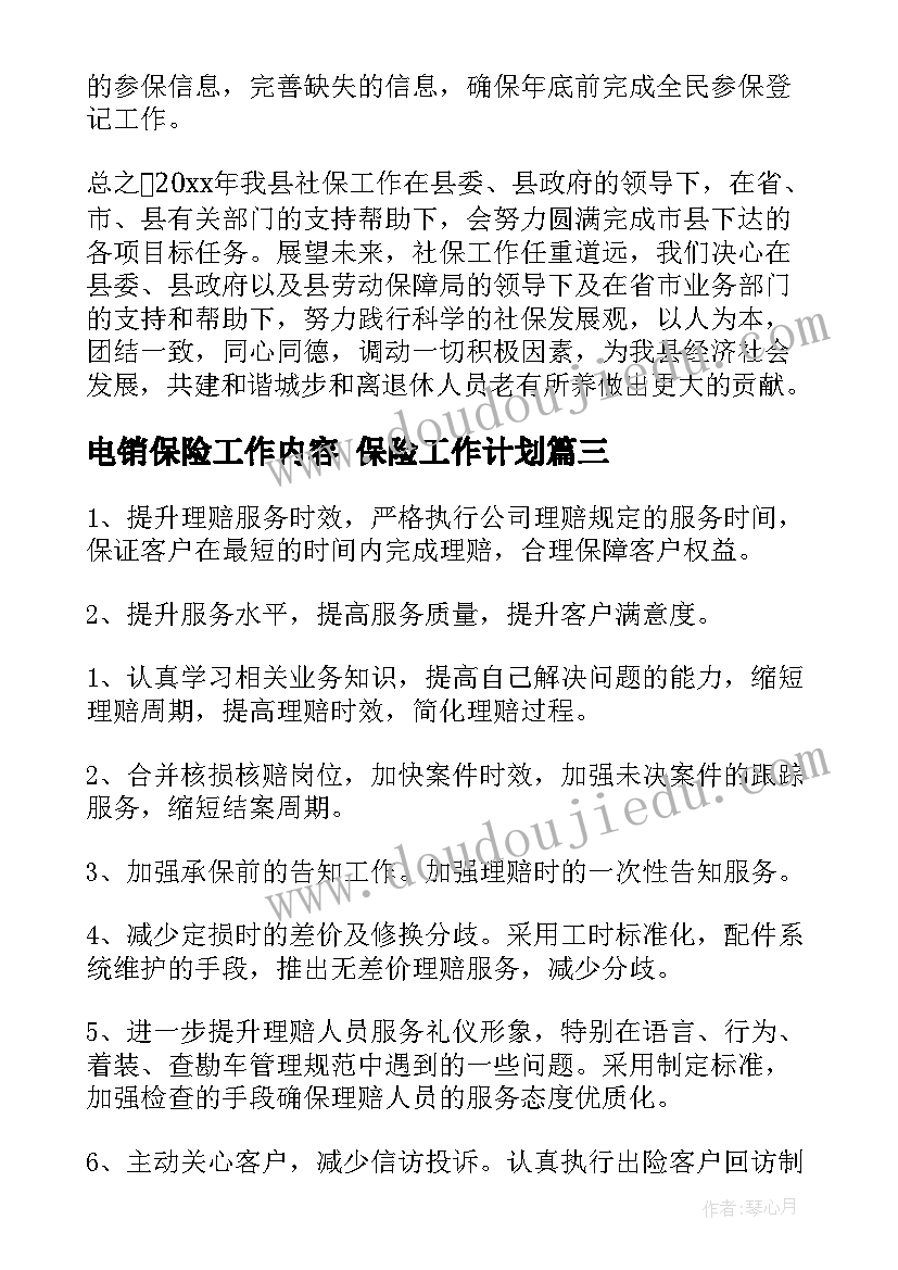 电销保险工作内容 保险工作计划(通用5篇)