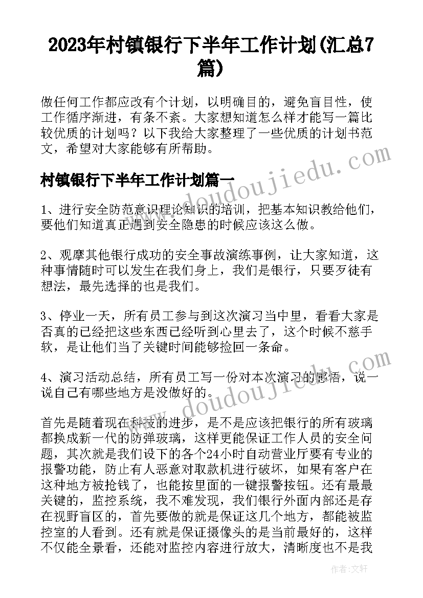 2023年村镇银行下半年工作计划(汇总7篇)