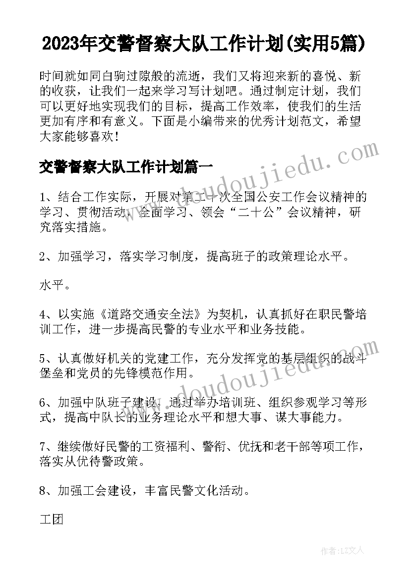 2023年交警督察大队工作计划(实用5篇)