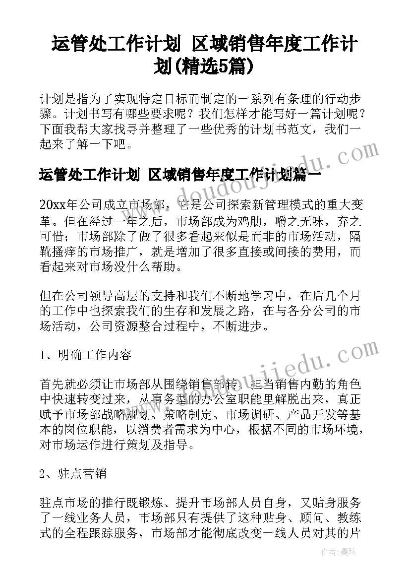 运管处工作计划 区域销售年度工作计划(精选5篇)