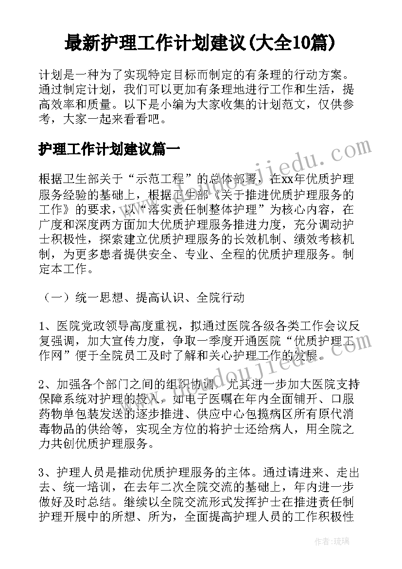 最新护理工作计划建议(大全10篇)