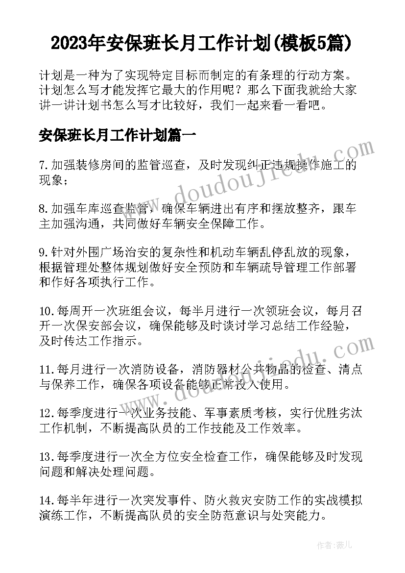 2023年安保班长月工作计划(模板5篇)