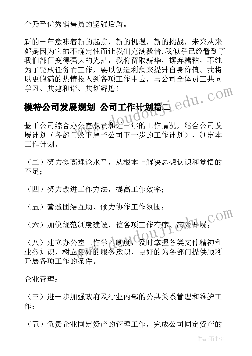 模特公司发展规划 公司工作计划(优质10篇)