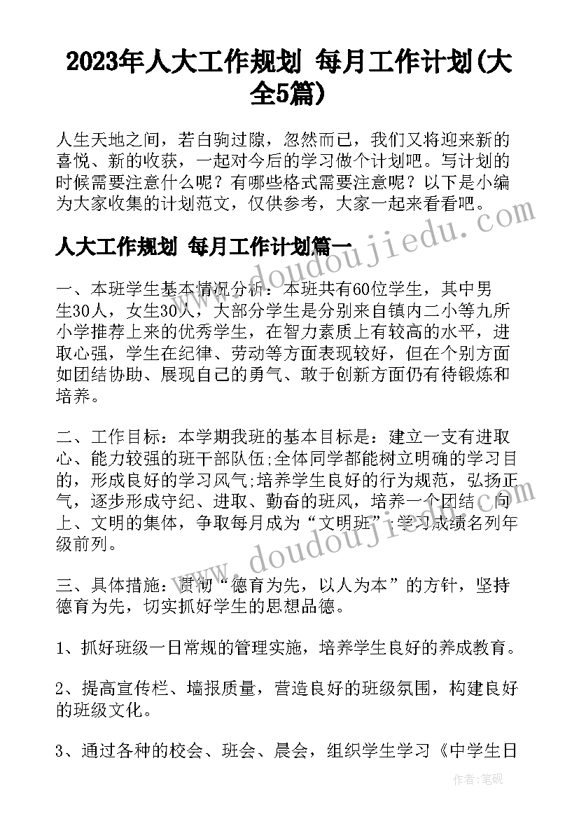 2023年人大工作规划 每月工作计划(大全5篇)