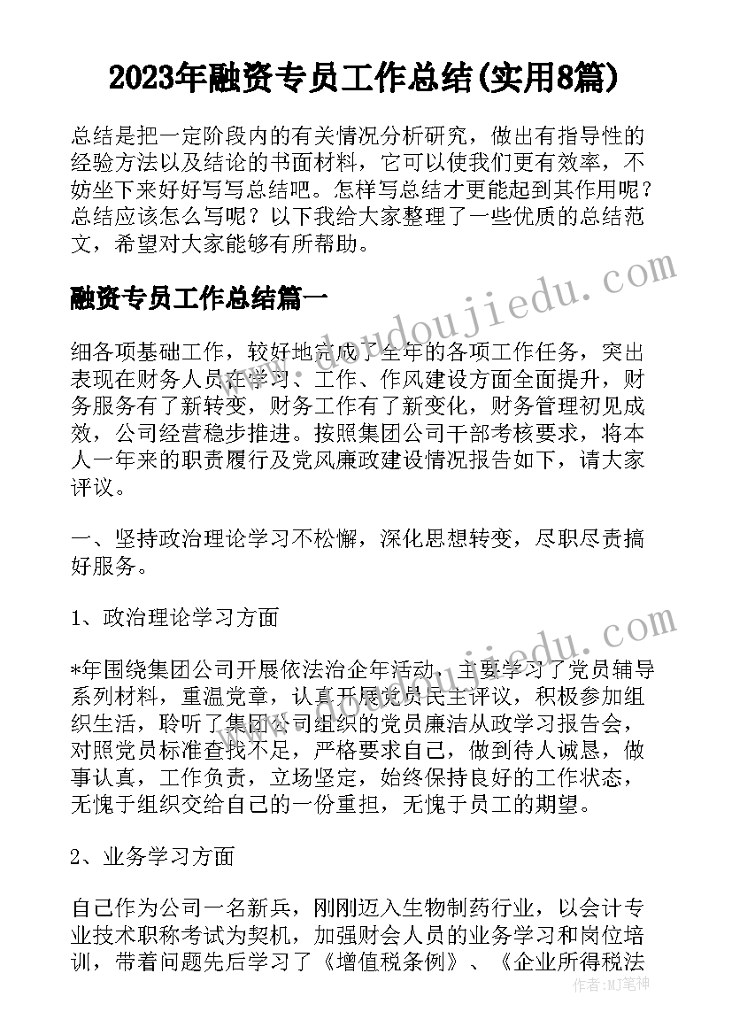 2023年融资专员工作总结(实用8篇)