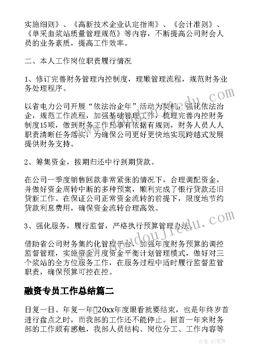 2023年融资专员工作总结(实用8篇)