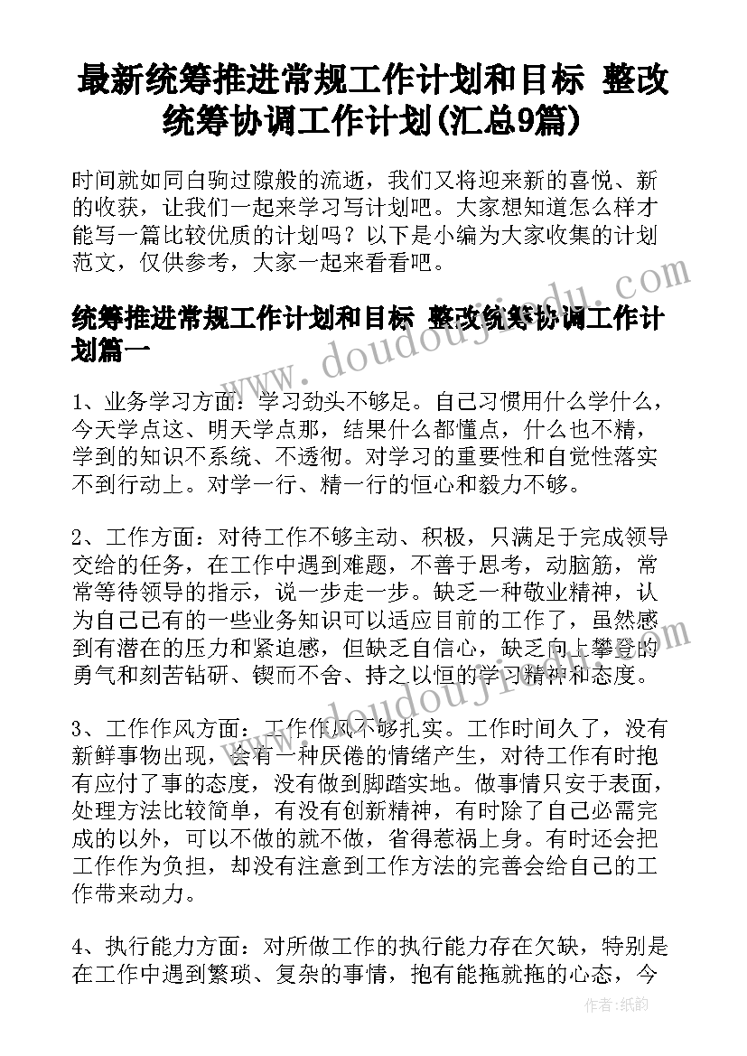 最新统筹推进常规工作计划和目标 整改统筹协调工作计划(汇总9篇)