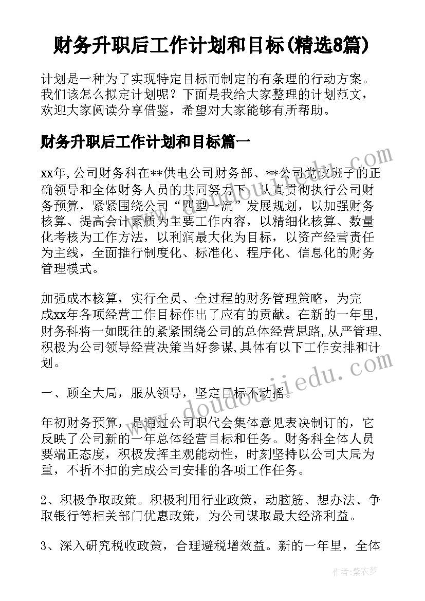 财务升职后工作计划和目标(精选8篇)