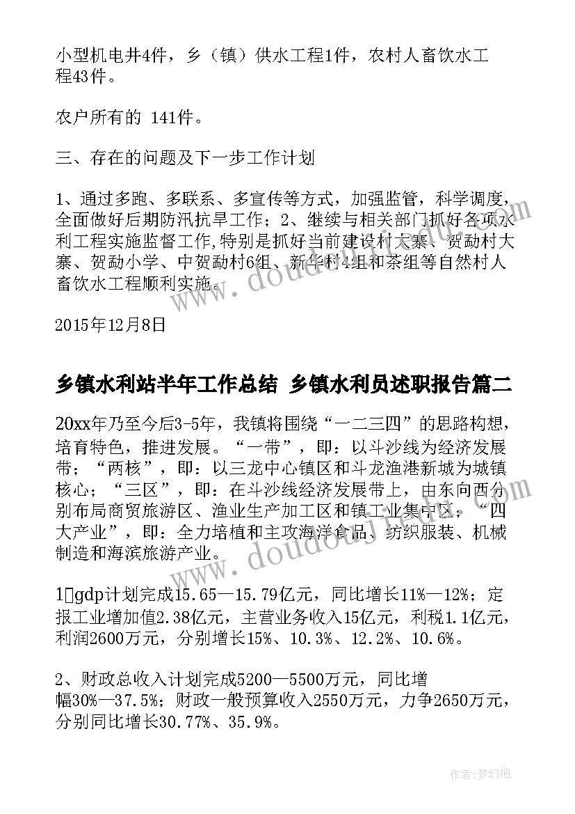 2023年乡镇水利站半年工作总结 乡镇水利员述职报告(汇总6篇)