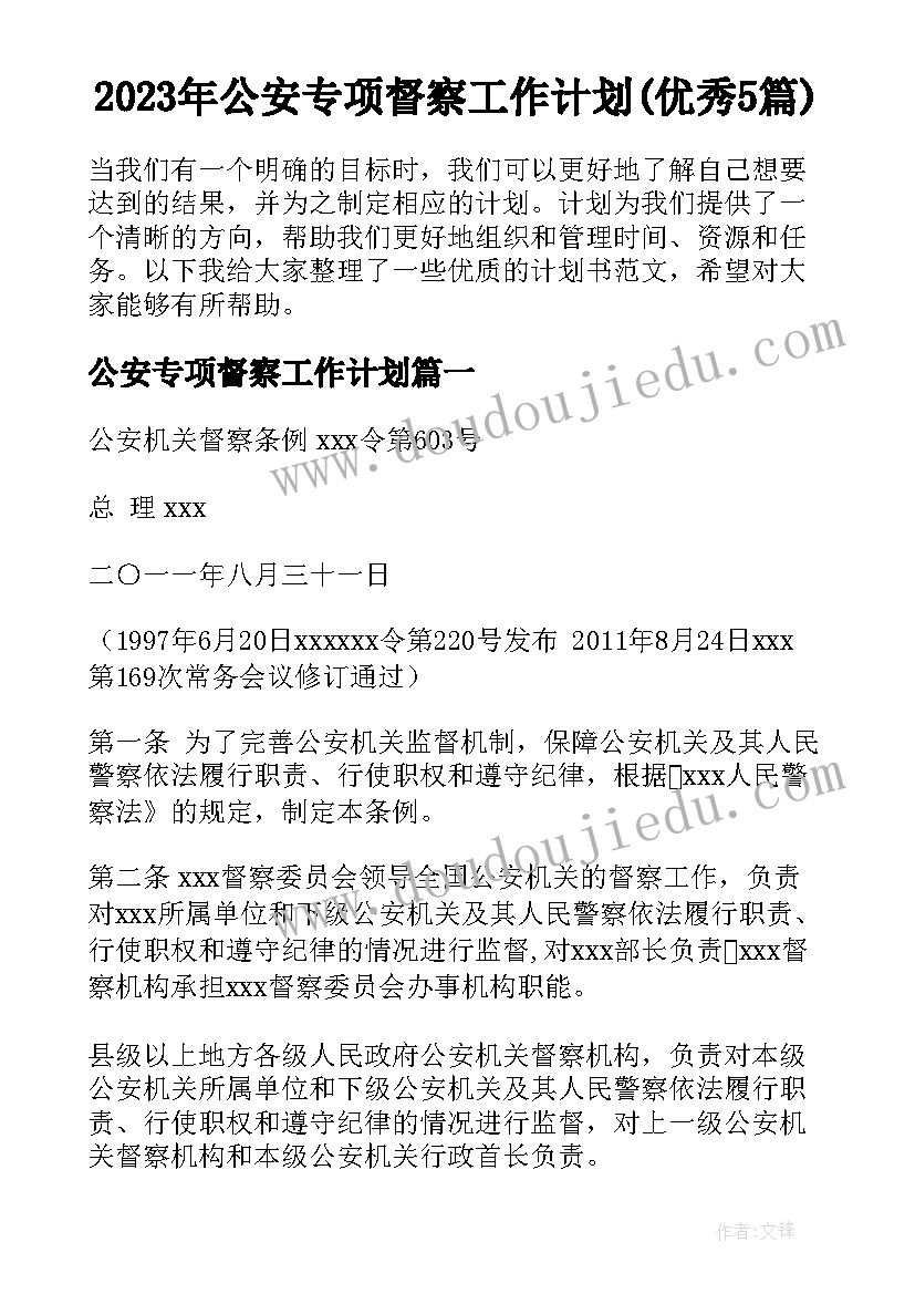 2023年公安专项督察工作计划(优秀5篇)