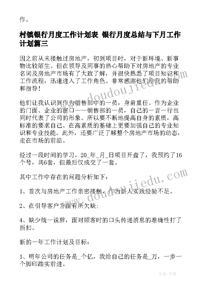 村镇银行月度工作计划表 银行月度总结与下月工作计划(汇总5篇)