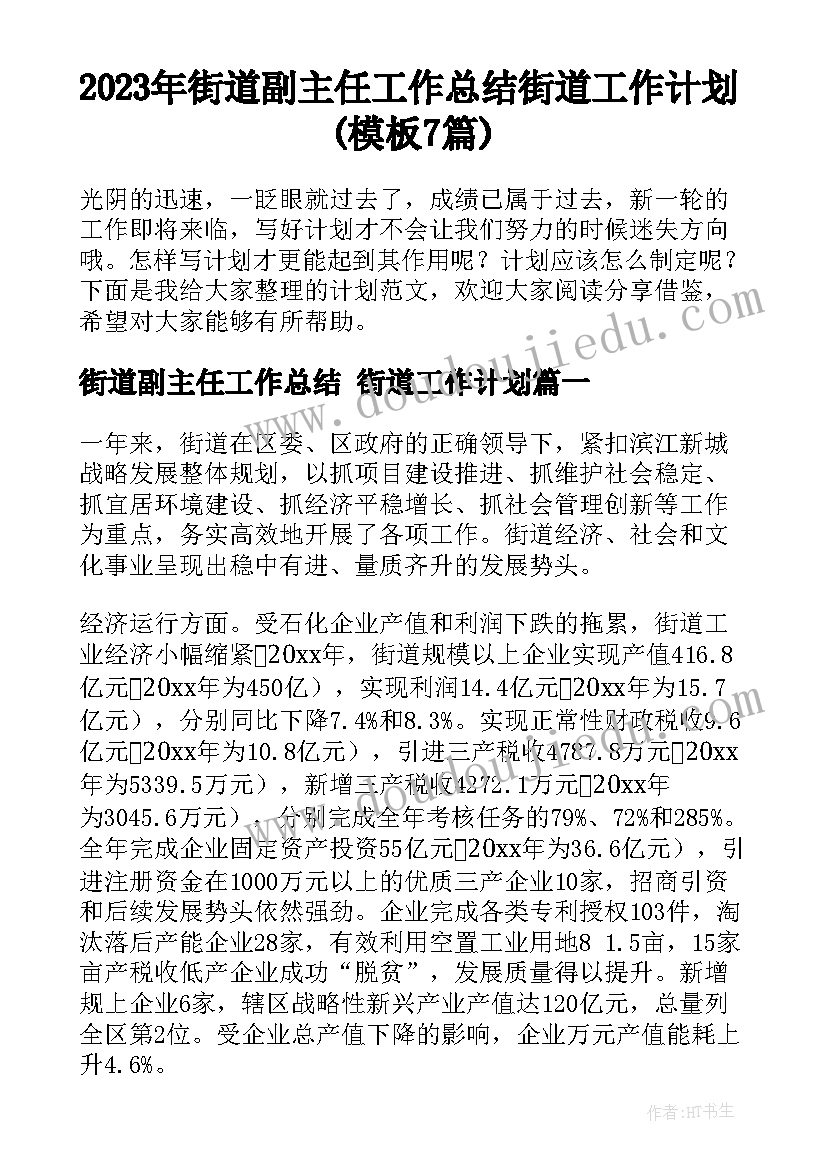 2023年街道副主任工作总结 街道工作计划(模板7篇)