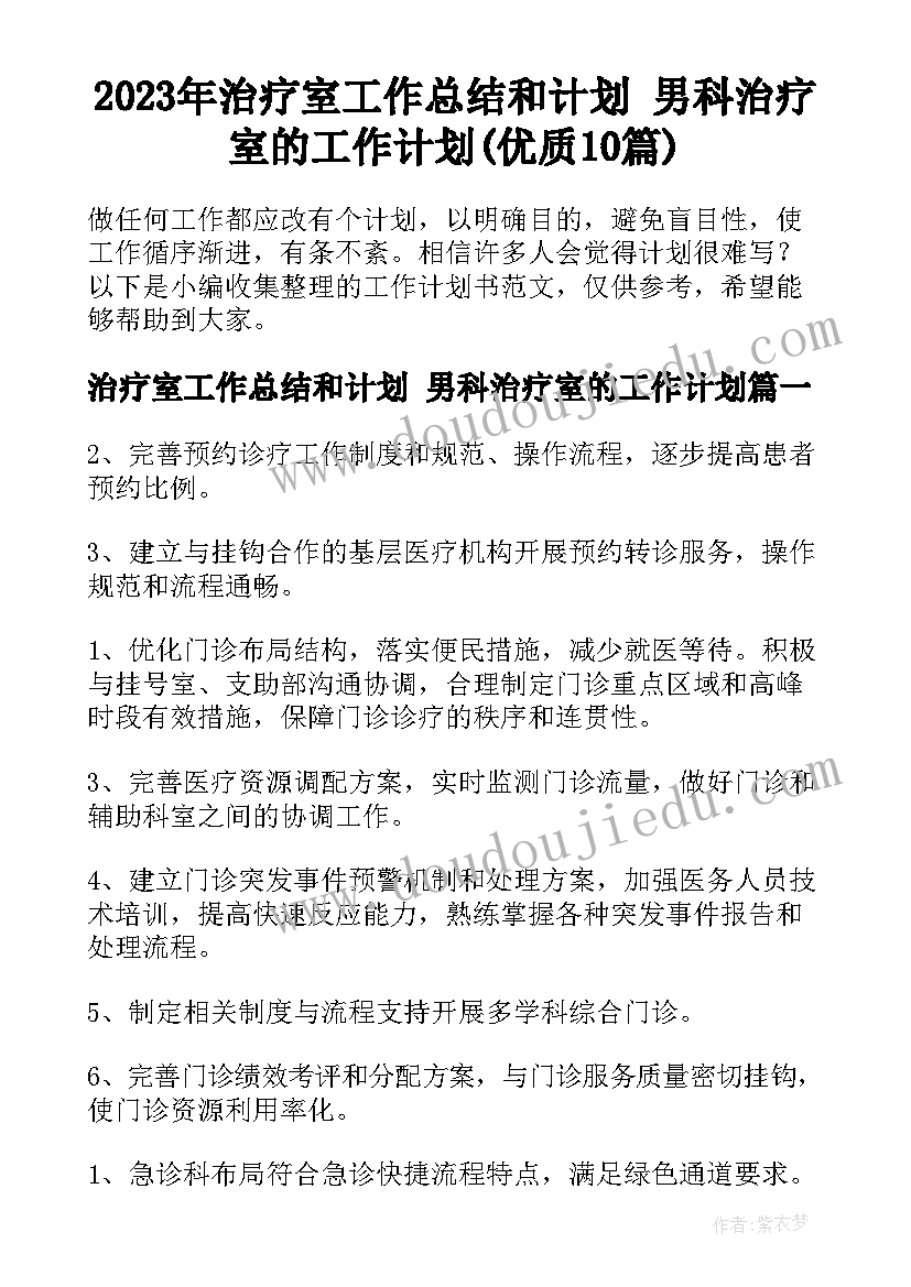 2023年治疗室工作总结和计划 男科治疗室的工作计划(优质10篇)