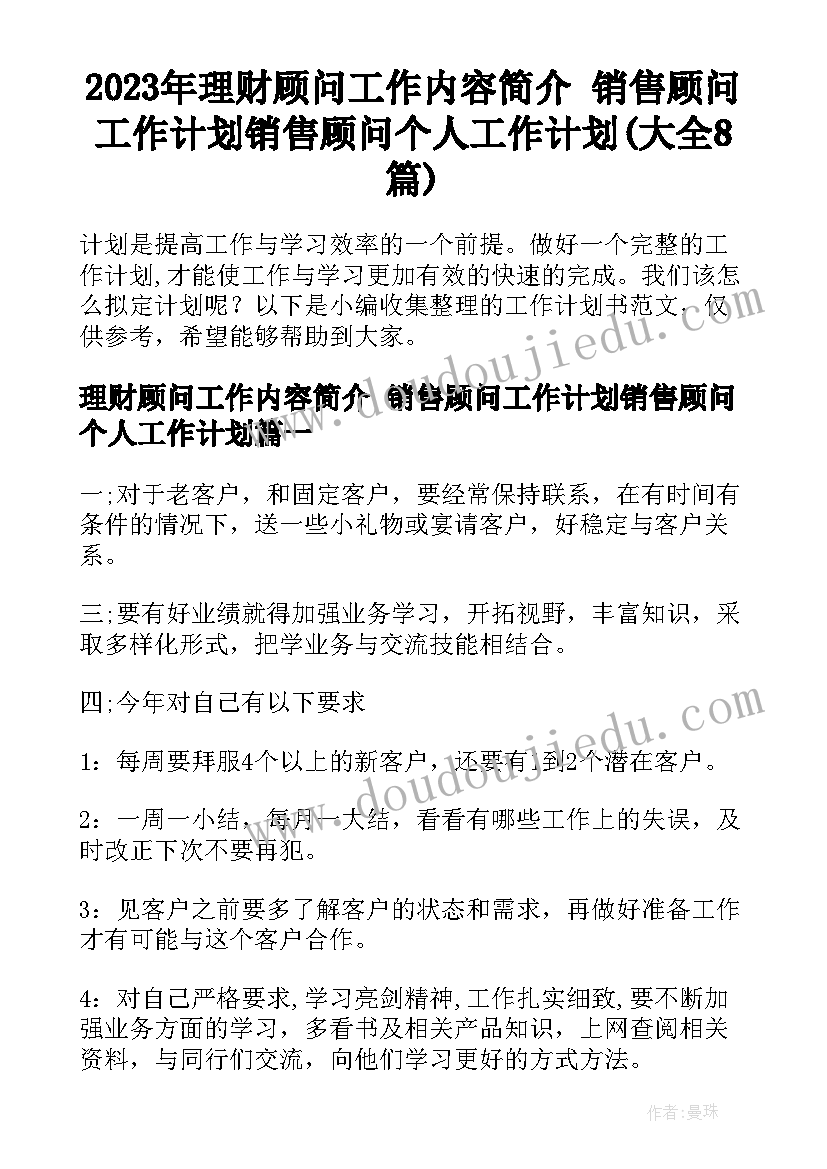 2023年理财顾问工作内容简介 销售顾问工作计划销售顾问个人工作计划(大全8篇)