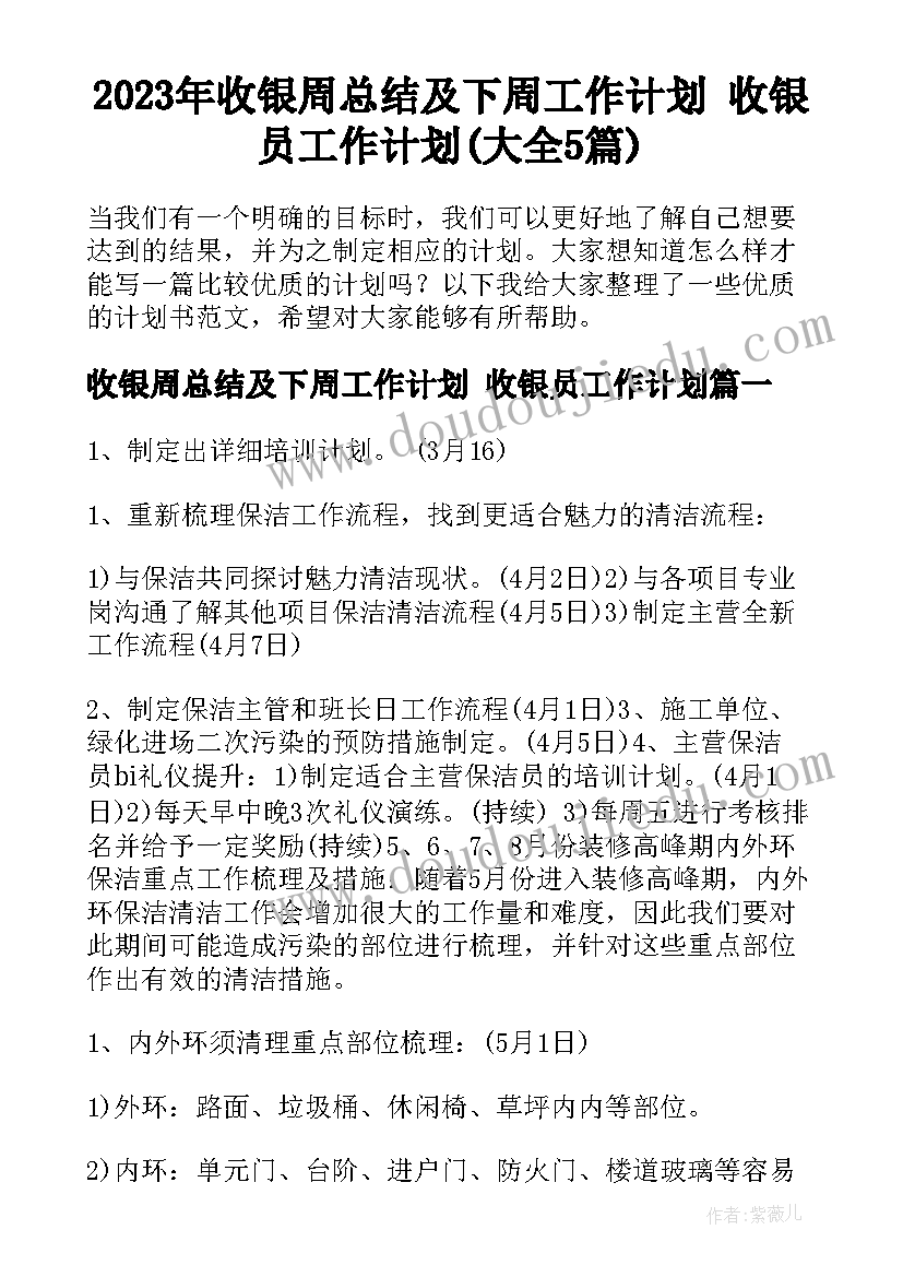 2023年收银周总结及下周工作计划 收银员工作计划(大全5篇)