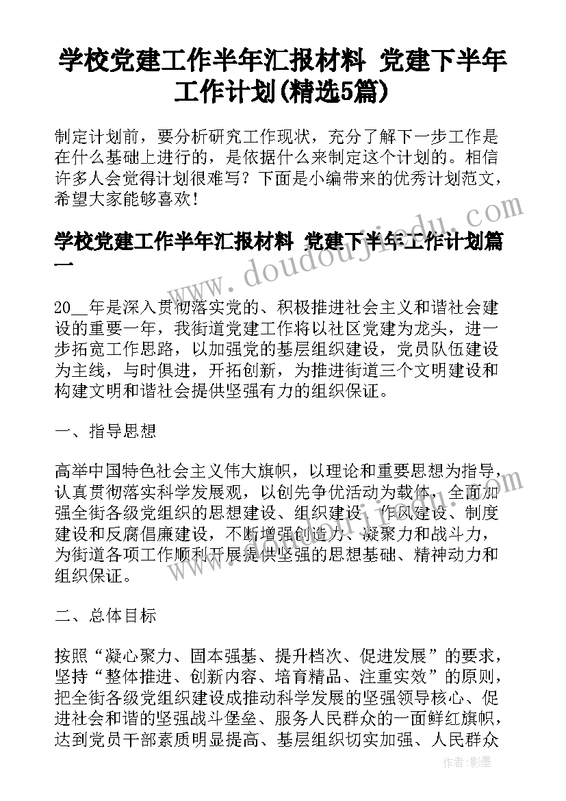 学校党建工作半年汇报材料 党建下半年工作计划(精选5篇)