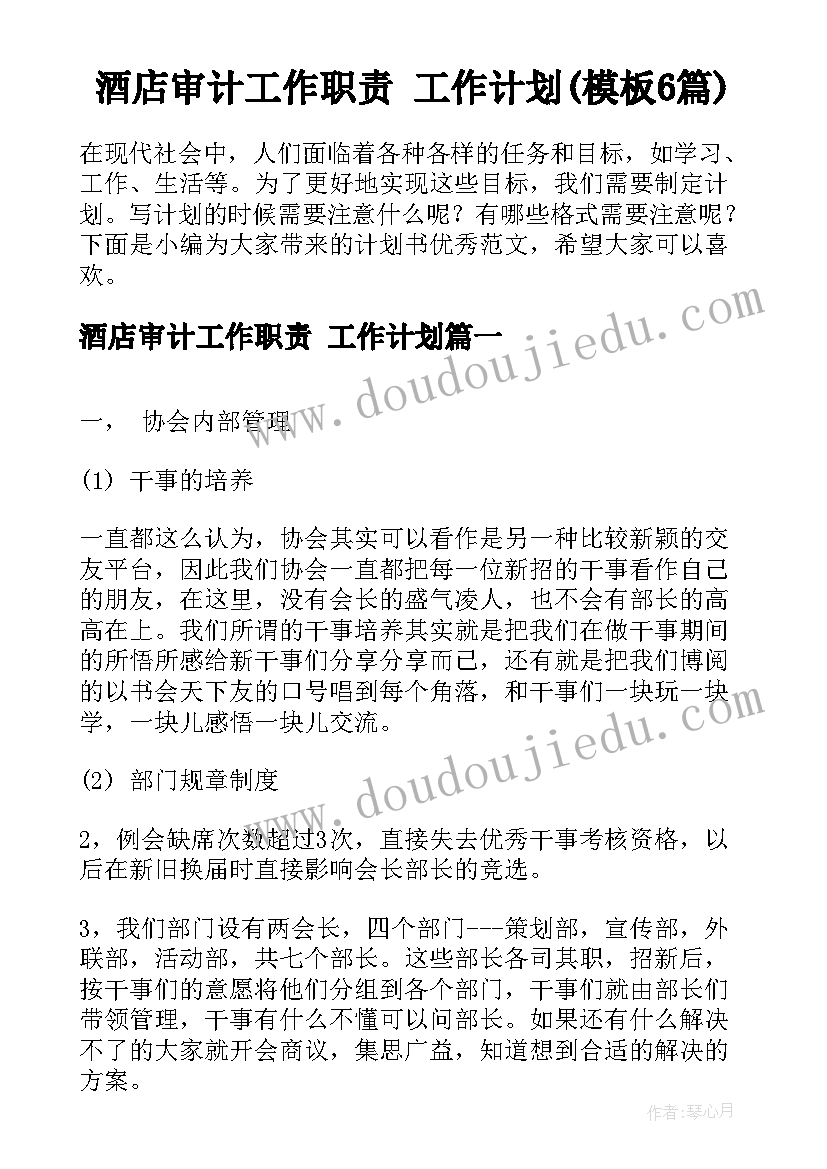 酒店审计工作职责 工作计划(模板6篇)