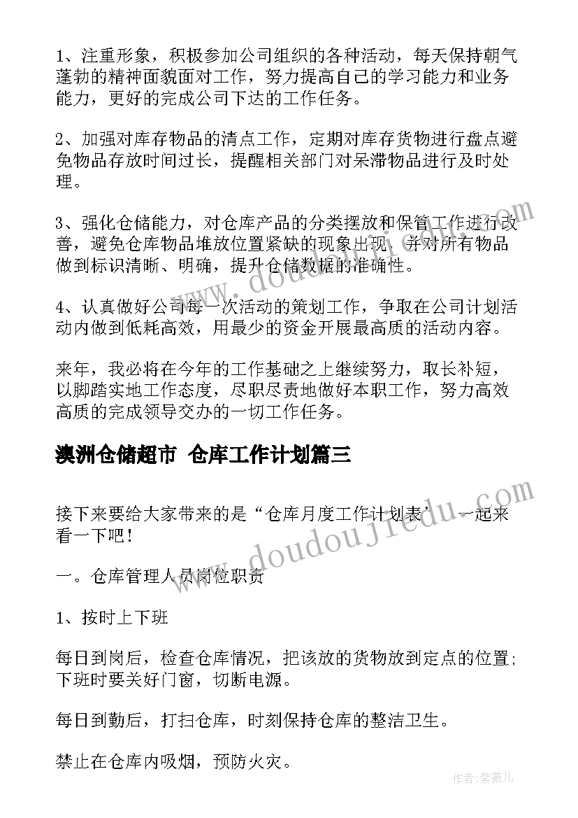 澳洲仓储超市 仓库工作计划(汇总5篇)