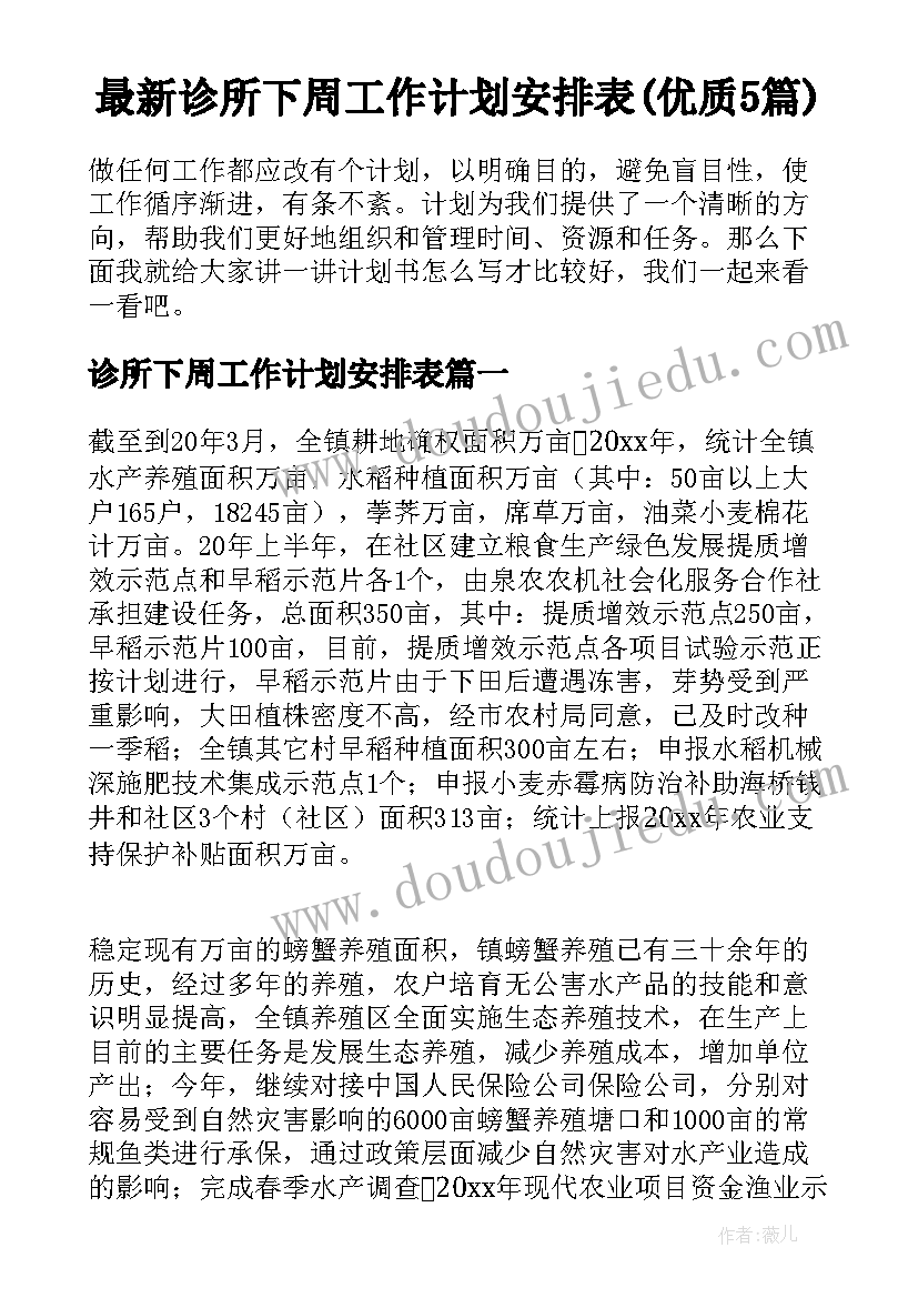 最新诊所下周工作计划安排表(优质5篇)