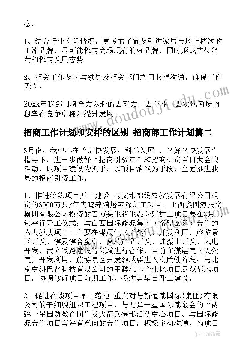 最新招商工作计划和安排的区别 招商部工作计划(模板6篇)