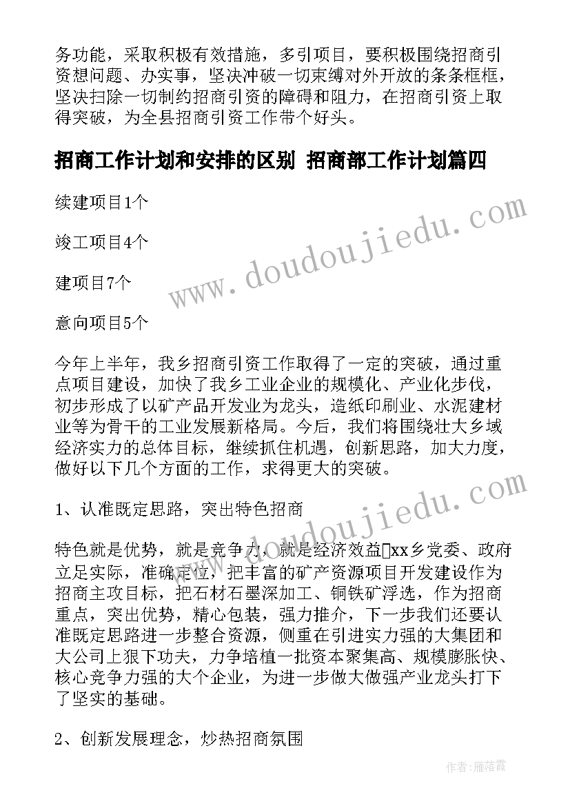 最新招商工作计划和安排的区别 招商部工作计划(模板6篇)