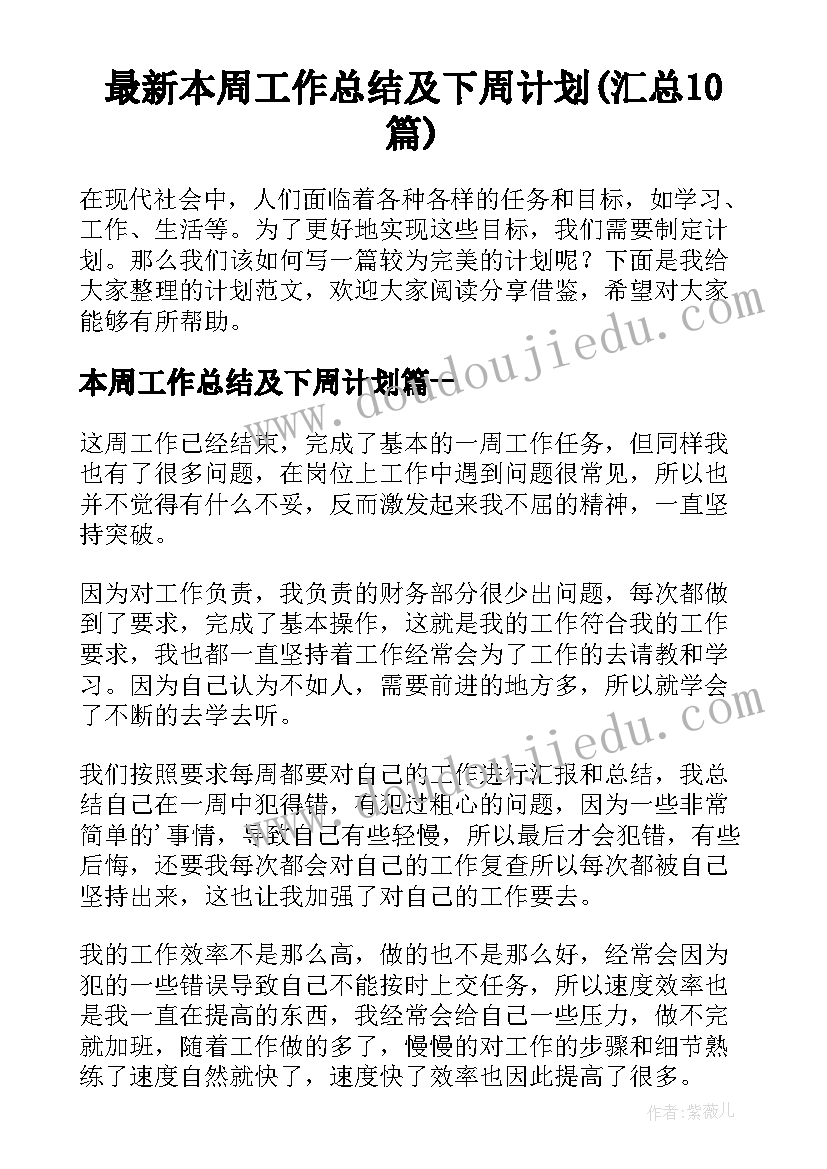 最新本周工作总结及下周计划(汇总10篇)