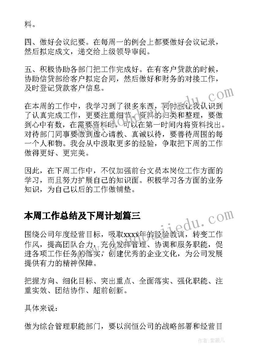 最新本周工作总结及下周计划(汇总10篇)