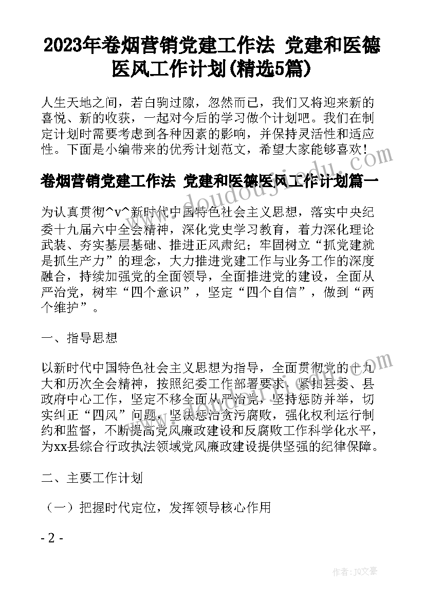 2023年卷烟营销党建工作法 党建和医德医风工作计划(精选5篇)