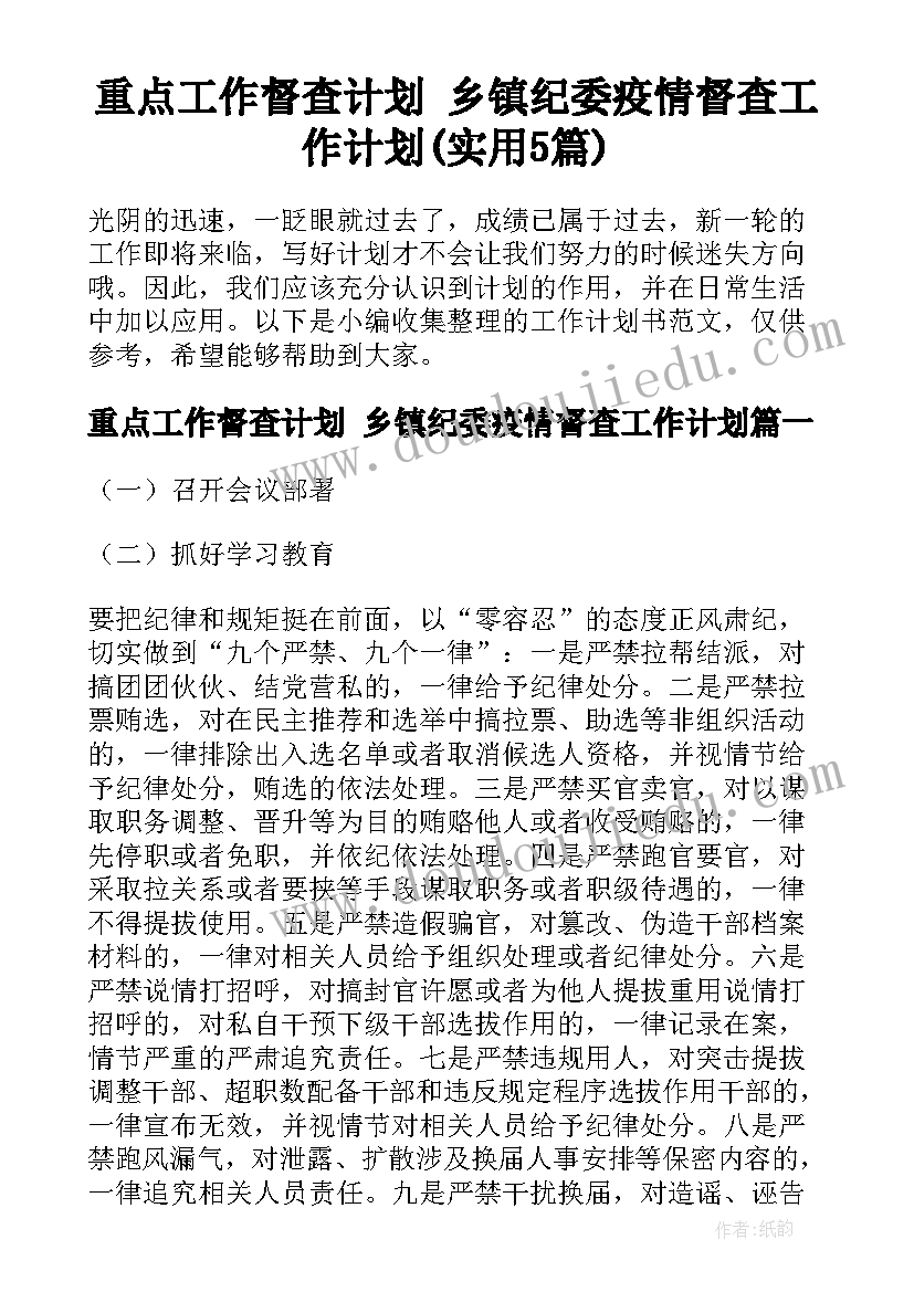 重点工作督查计划 乡镇纪委疫情督查工作计划(实用5篇)