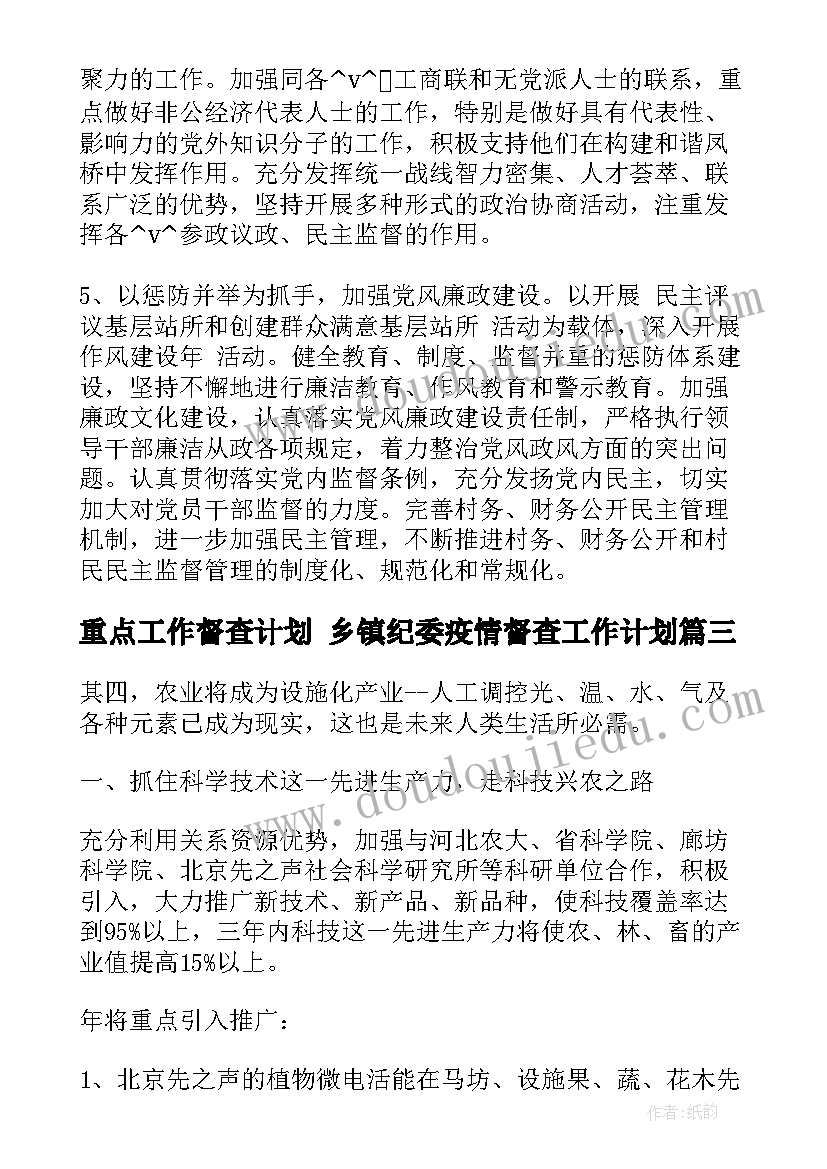 重点工作督查计划 乡镇纪委疫情督查工作计划(实用5篇)