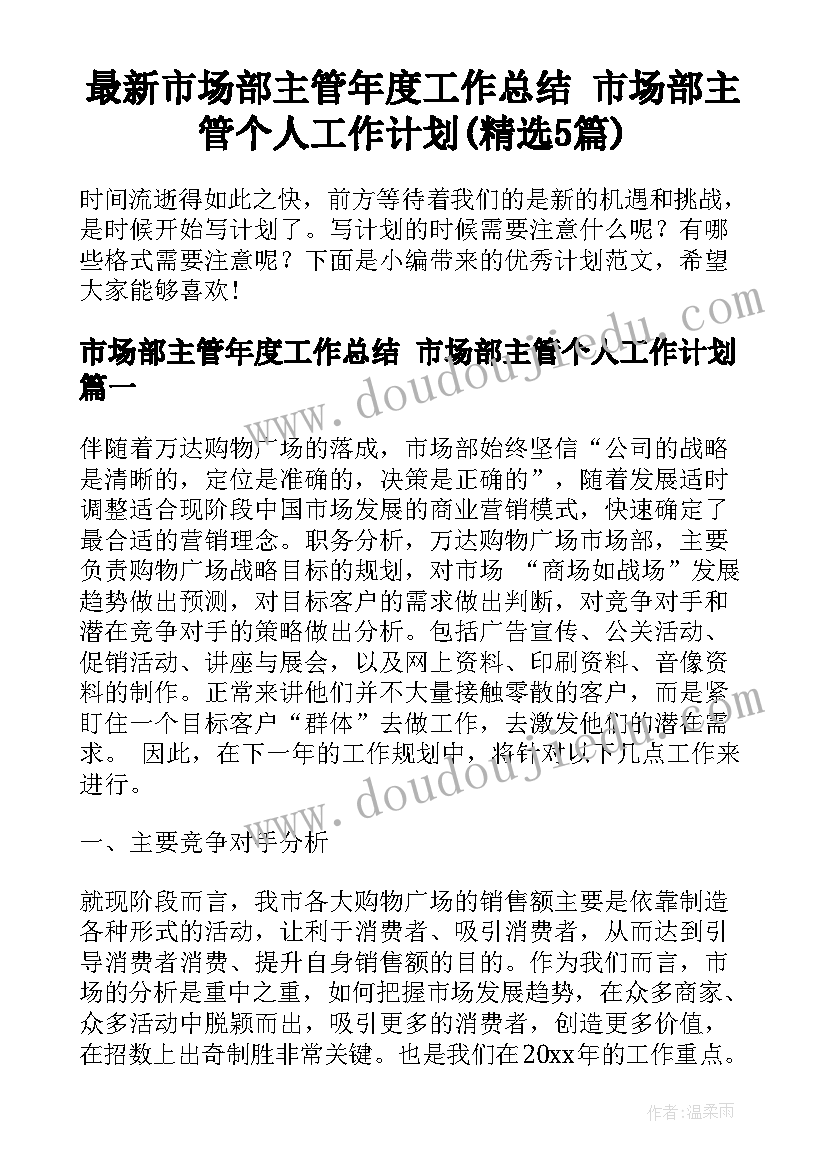 最新市场部主管年度工作总结 市场部主管个人工作计划(精选5篇)