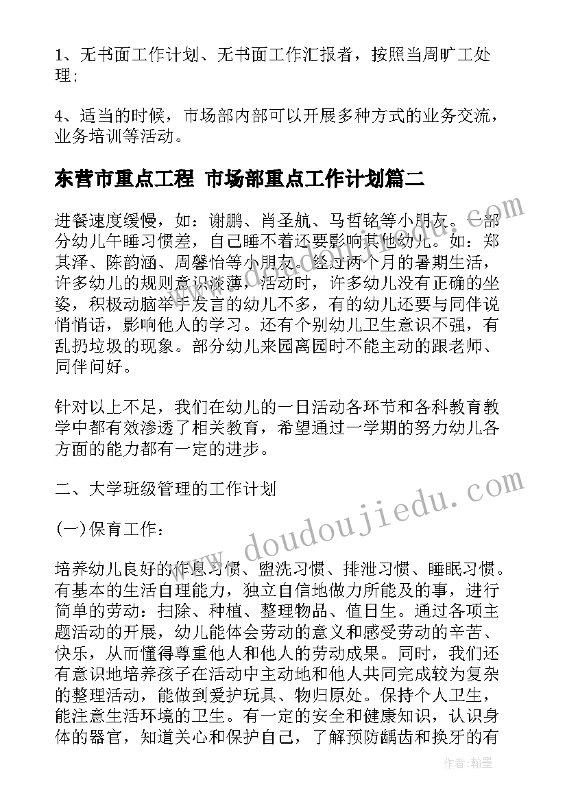 最新东营市重点工程 市场部重点工作计划(通用5篇)